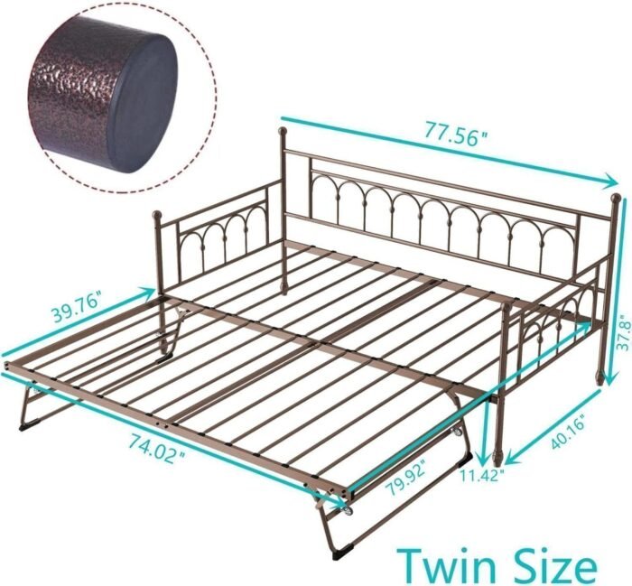 Metal Day Bed with Trundle Bed Twin Daybed with Trundle Twin Size, Space Saving Daybed with Pop Up Trundle Bed Frame