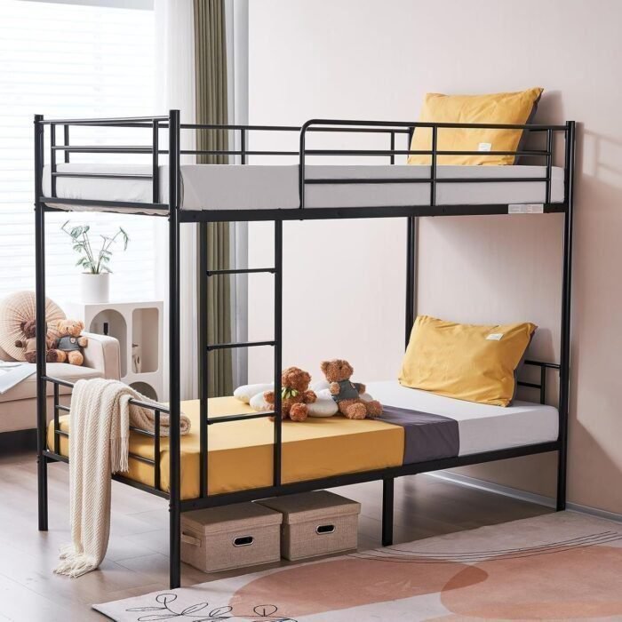 Bunk Bed Twin Over Twin, Metal Bunk Bed with Built-in Ladder and Safety Guardrail, Space-Saving Twin Bunk Beds for Kids