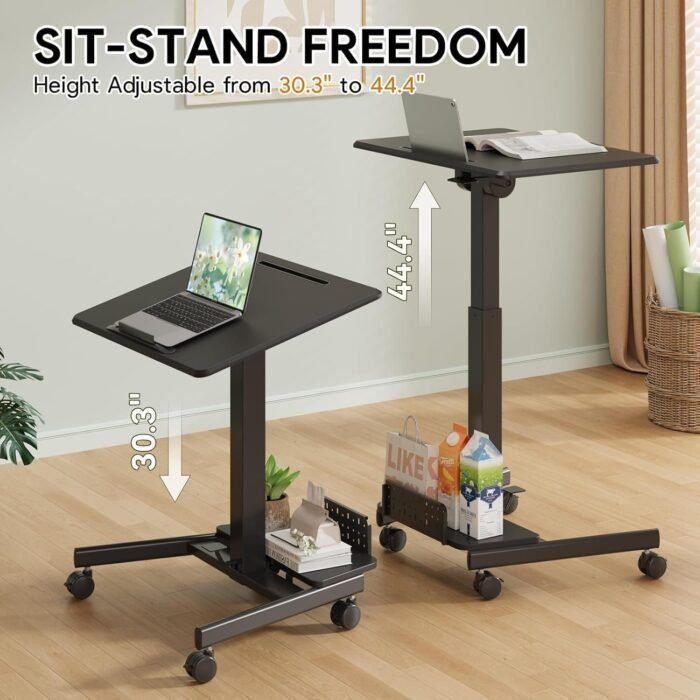 Mobile Standing Desk with 90° tilting Desktop, Foot Pedal Pneumatic Height Adjustable Rolling Desk