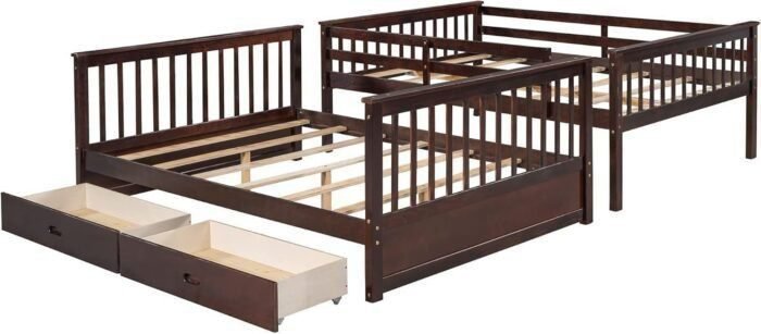 Bunk Bed with Two Storage Drawers and Full-Length Guard Rail, Solid Wood BunkBed frame Convertible into 2 Platform Beds