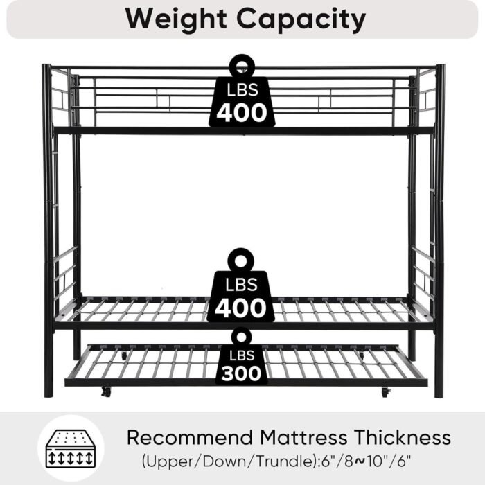 Twin Over Twin Bunk Bed with Trundle, Two Side Ladders & Guard Rails, No Box Spring Needed