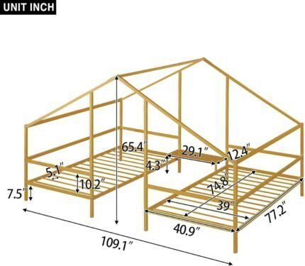 Double Twin Size Beds with Built-in Table, Sturdy Metal Triangular Shared Platform Bedframe