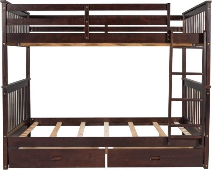 Bunk Bed with Two Storage Drawers and Full-Length Guard Rail, Solid Wood BunkBed frame Convertible into 2 Platform Beds