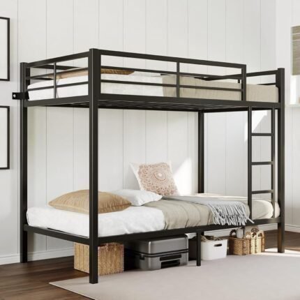 Twin Over Twin Bunk Bed, Metal Heavy Duty Bunk Beds with High Guardrail, No Box Spring Needed