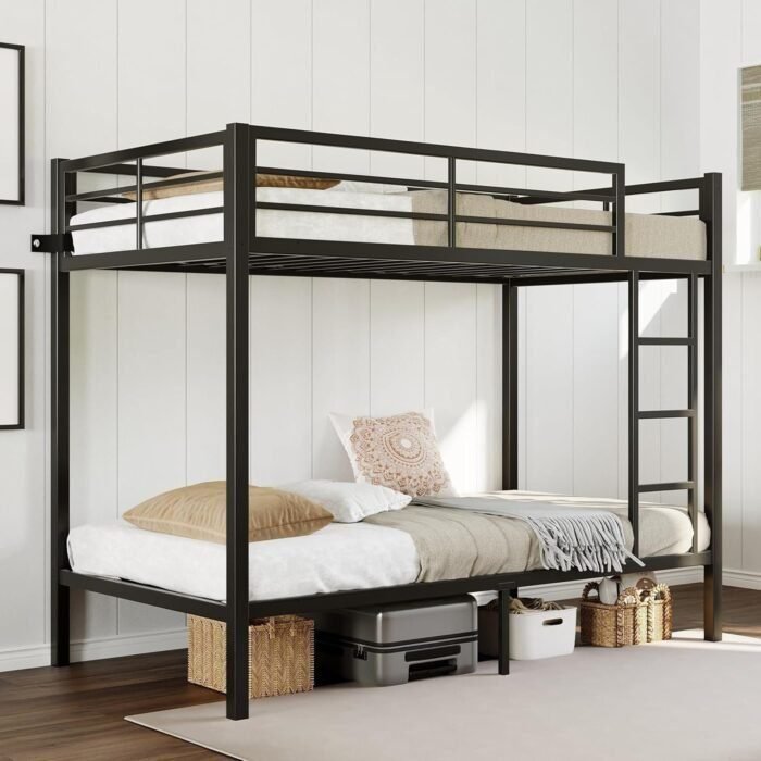 Twin Over Twin Bunk Bed, Metal Heavy Duty Bunk Beds with High Guardrail, No Box Spring Needed