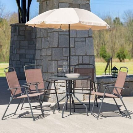 6-Piece Patio Dining Set with Glass Table, 4 Folding Chairs, and Umbrella, Outdoor Patio Table, Chairs