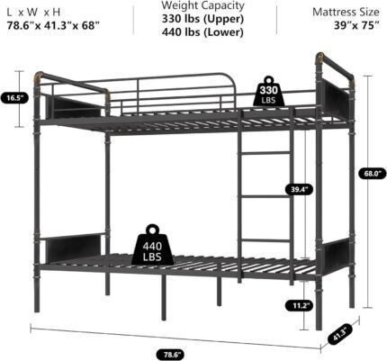 2 IN 1 Metal Bunk Bed Twin Over Twin, Convertible Twin Bunk Beds into 2 Individual Twin Size Bed for Kids Adults, 16.5"