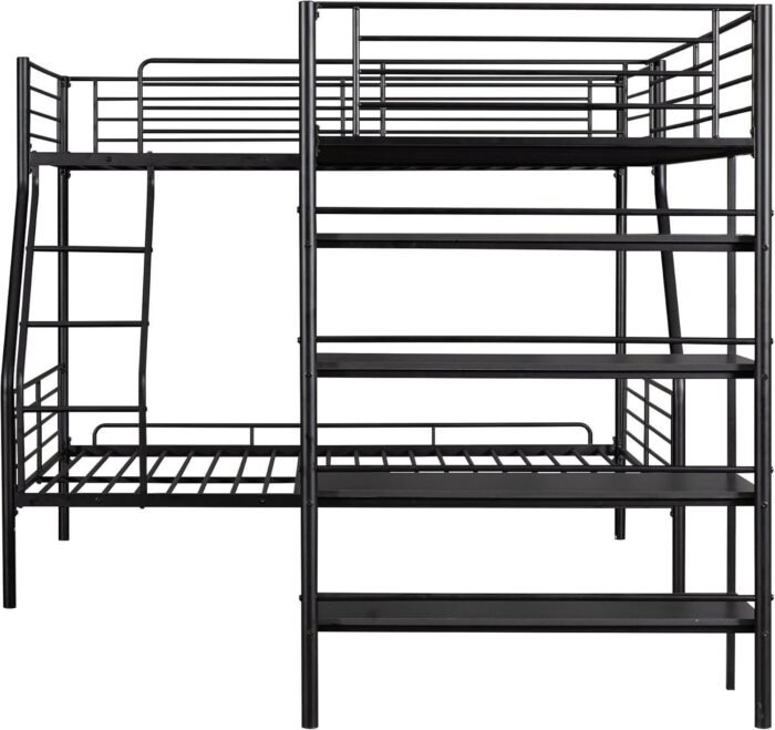 L-Shaped Metal Bunk Beds for 3, Twin Over Full Bunkbed Attach with Twin Size Loftbed with Four Built-in Shelves, for Kids Teens Bedroom