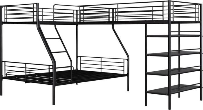 L-Shaped Metal Bunk Beds for 3, Twin Over Full Bunkbed Attach with Twin Size Loftbed with Four Built-in Shelves, for Kids Teens Bedroom