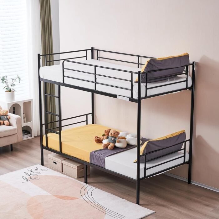 Bunk Bed Twin Over Twin, Metal Bunk Bed with Built-in Ladder and Safety Guardrail, Space-Saving Twin Bunk Beds for Kids