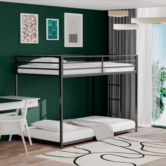 Bunk Bed Twin Over Twin, Heavy Duty Metal Low Bunkbeds with Ladder and Full-Length