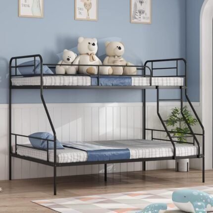 Twin Over Full Bunk Bed Frame, Bunk Beds Twin Over Full with Guardrail & Ladder for Boys, Girls