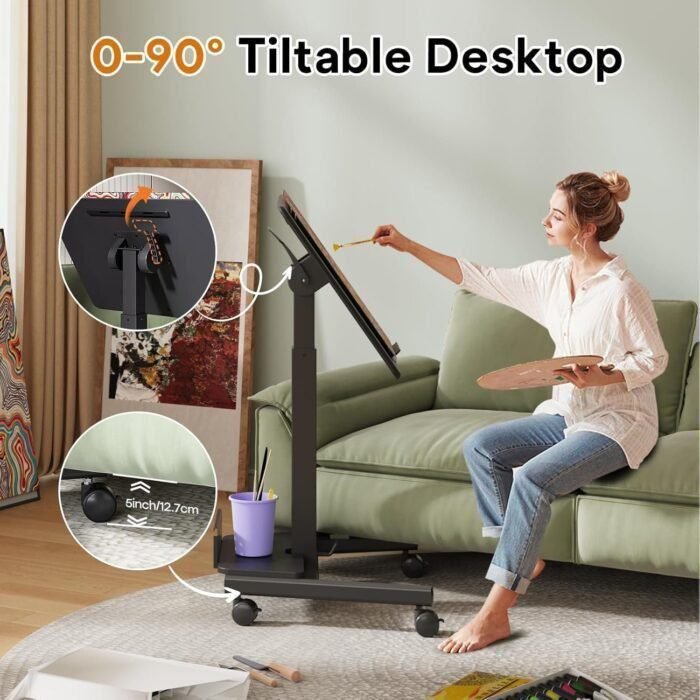 Mobile Standing Desk with 90° tilting Desktop, Foot Pedal Pneumatic Height Adjustable Rolling Desk