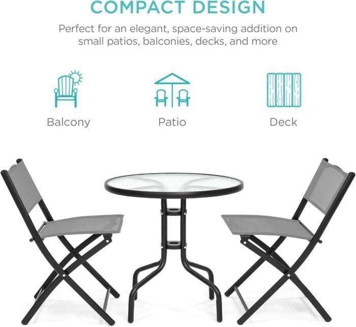 3-Piece Patio Bistro Dining Furniture Set w/Textured Glass Tabletop, 2 Folding Chairs, Steel Frame, Polyester Fabric