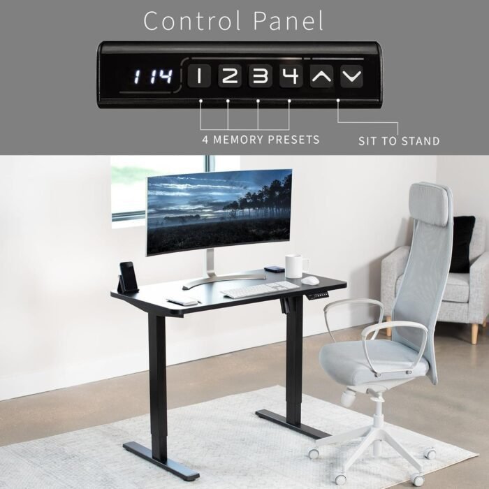 Electric Height Adjustable 43 x 24 inch Memory Stand Up Desk, Black Solid One-Piece Table Top, Black Frame