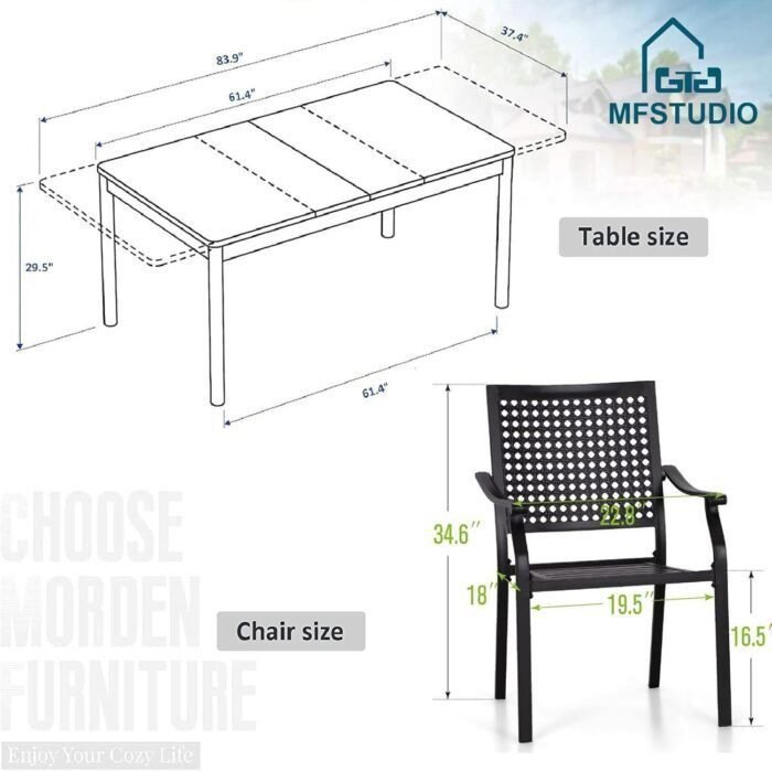 7 Pieces Metal Patio Dining Set,1 Expandable Outdoor Steel Frame Slat Larger Rectangular Table