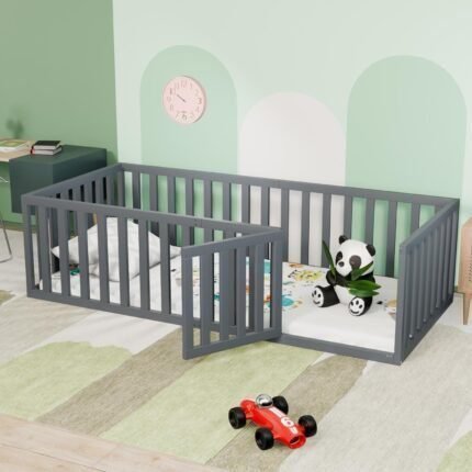 Twin Size Floor Bed for Kids, Wood Montessori Floor Beds with Guardrails  Detachable Door