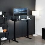 Electric Height Adjustable 43 x 24 inch Memory Stand Up Desk, Black Solid One-Piece Table Top, Black Frame