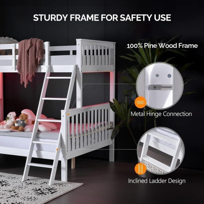 Bunk Bed Twin Over Full Size with LED Light/USB Port/15’’ Extra Tall Safety Guardrails, Convertible into a Twin Loft Bed