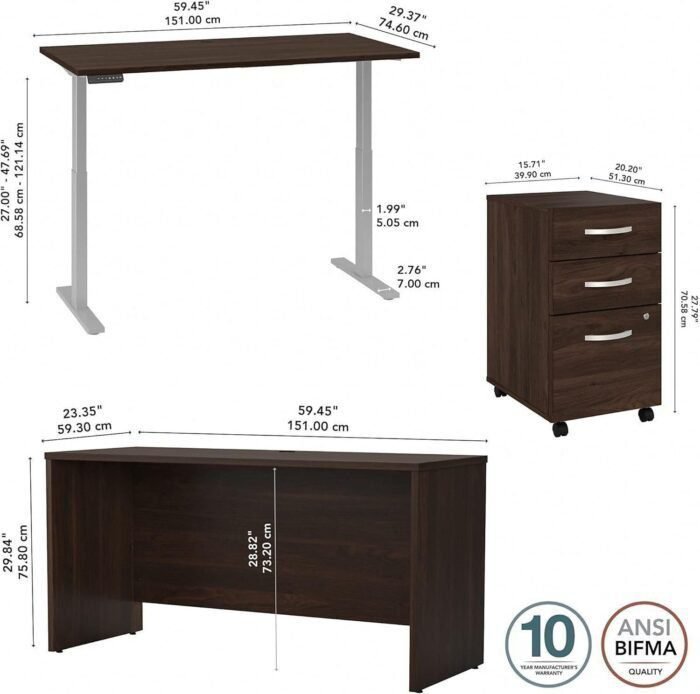 Height Adjustable Standing Desk, Credenza and Mobile File Cabinet, 60W x 30D, Black Walnut  Office Products