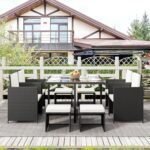 9 Pieces Patio Dining Sets Outdoor Conversation Sets, Space Saving Wicker Chairs with Glass Table and Ottomans