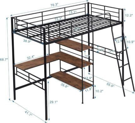 Metal Twin Loft Bed with Desk and Storage, Heavy Duty Loft Bed Twin Size Loft Bed with L-Shaped Desk and Guardrails