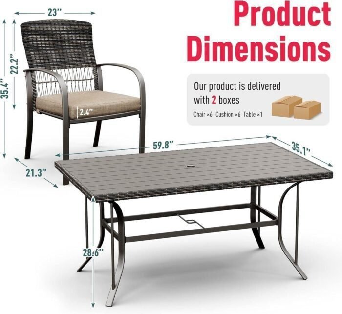 7 Piece, Outdoor Wicker Furniture Set for Backyard Garden Deck Poolside/Iron Slats Table Top, Removable Cushions