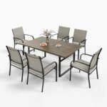 Dining Set, Patio Table and Chairs for 6, 64" Rectangular Faux Woodgrain Metal Table with Chairs