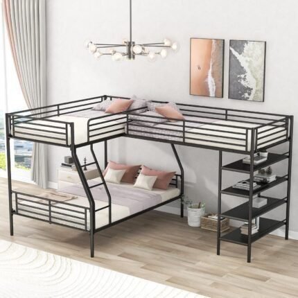 L-Shaped Metal Bunk Beds for 3, Twin Over Full Bunkbed Attach with Twin Size Loftbed with Four Built-in Shelves, for Kids Teens Bedroom