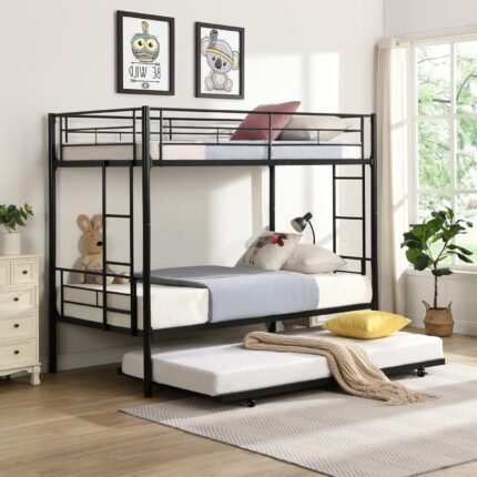 Twin Over Twin Bunk Bed with Trundle, Two Side Ladders & Guard Rails, No Box Spring Needed