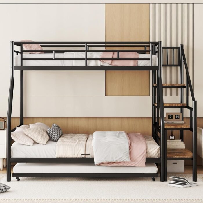 Twin Over Full Metal Bunk Beds with Trundle,Heavy-Duty Metal Bunk Bed Frame with Storage Staircase for Kids, Black