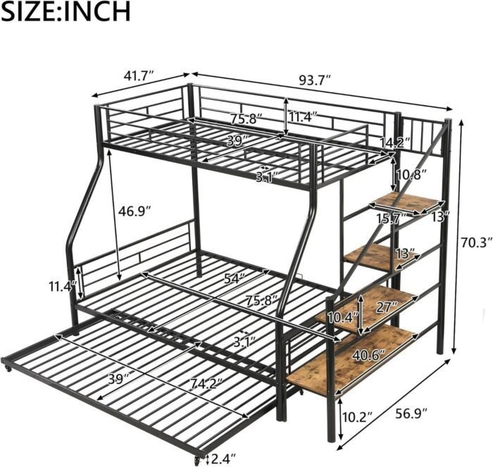 Twin Over Full Metal Bunk Beds with Trundle,Heavy-Duty Metal Bunk Bed Frame with Storage Staircase for Kids, Black