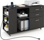 File Cabinet with Charging Station, Mobile Lateral Filing Cabinet with Lock for Home Office, Printer Stand with Open Storage Shelf, Fits A4