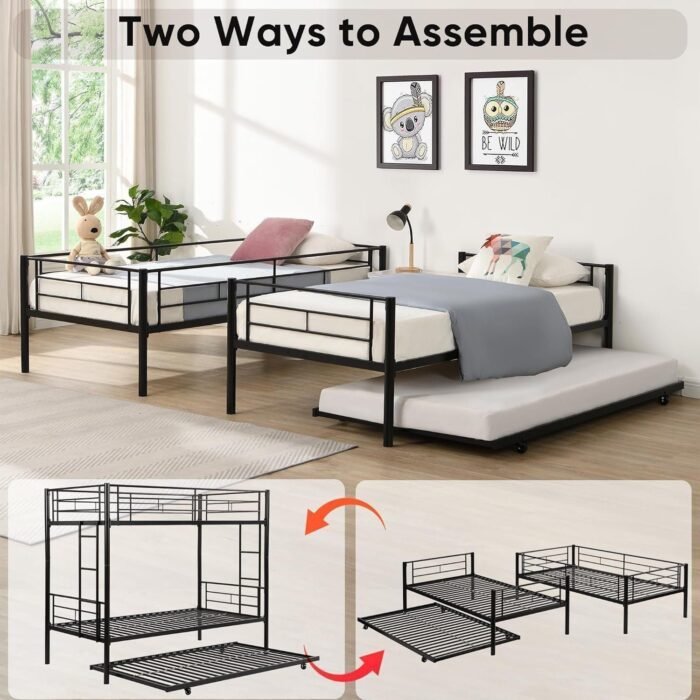 Twin Over Twin Bunk Bed with Trundle, Two Side Ladders & Guard Rails, No Box Spring Needed