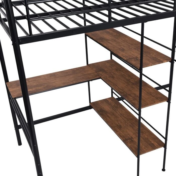 Metal Twin Loft Bed with Desk and Storage, Heavy Duty Loft Bed Twin Size Loft Bed with L-Shaped Desk and Guardrails