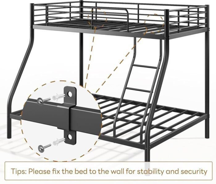 Bunk Beds Twin Over Full Size, Metal Bunk Bed Frame with Angled Ladder for Kids, Teens and Adults, for Small Spaces