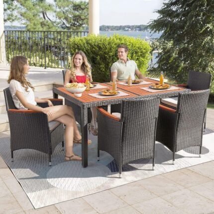 7 Piece Patio Dining Set Outdoor Acacia Wood Table and Chairs with Soft Cushions Wicker Patio Furniture for Deck