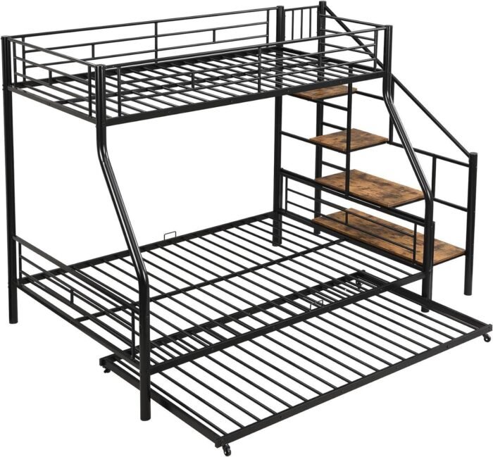 Twin Over Full Metal Bunk Beds with Trundle,Heavy-Duty Metal Bunk Bed Frame with Storage Staircase for Kids, Black