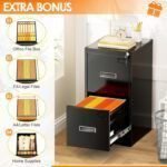 2 Drawer Filing Cabinet, Metal Black File Cabinet with Lock, Locking Narrow Storage Cabinet with Adjustable Hanging Frame for Office