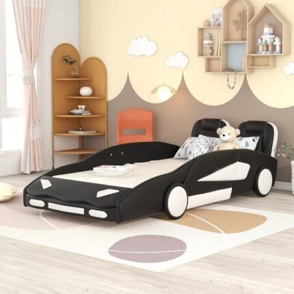 Twin Size Boys Car Bed,Race Car-Shaped Platform Wooden Bedframe with Wheels & Both Sides,Slat Support