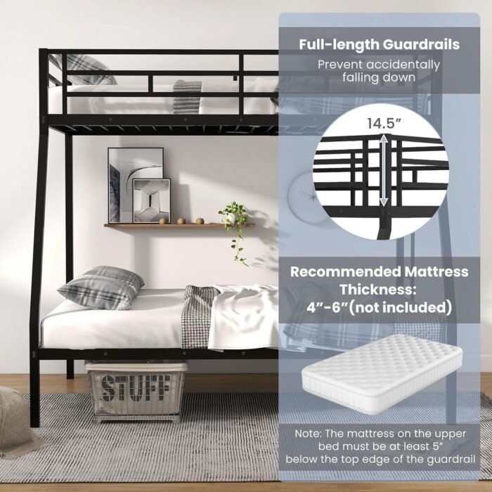 Bunk Bed Twin Over Full Size, Metal Bunk Bed with Ladder and Steel Frame Support, Space-Saving Triple Bunk Bed