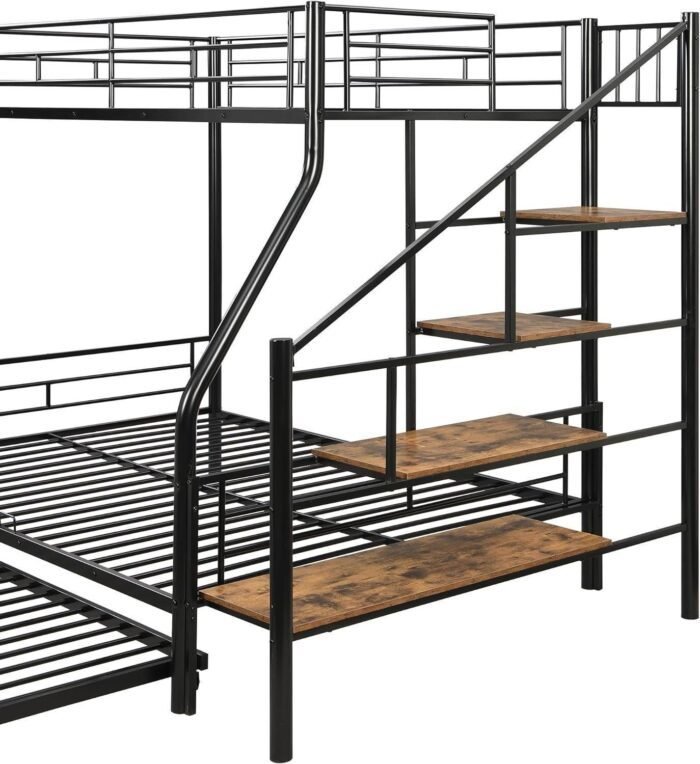 Twin Over Full Metal Bunk Beds with Trundle,Heavy-Duty Metal Bunk Bed Frame with Storage Staircase for Kids, Black