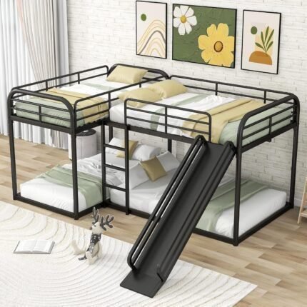 Full and Twin Size L-Shaped Bunk Bed with Slide and Short Ladder, Metal Bunk Bed Frame for 4, for Kids