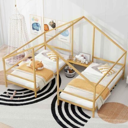 Double Twin Size Beds with Built-in Table, Sturdy Metal Triangular Shared Platform Bedframe