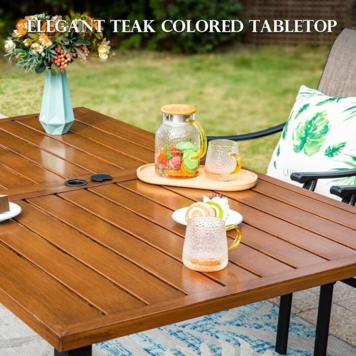 7 PCS Patio Dining Set Outdoor Table Chairs, 64" Extra Large Wood-like Table with Double Umbrella Hole