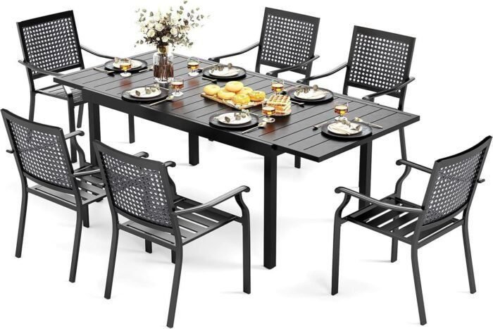 7 Pieces Metal Patio Dining Set,1 Expandable Outdoor Steel Frame Slat Larger Rectangular Table