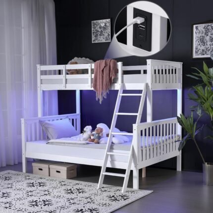 Bunk Bed Twin Over Full Size with LED Light/USB Port/15’’ Extra Tall Safety Guardrails, Convertible into a Twin Loft Bed