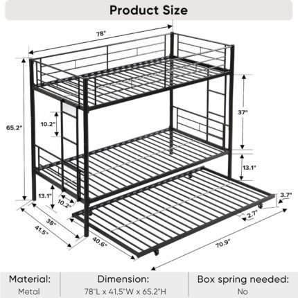 Twin Over Twin Bunk Bed with Trundle, Two Side Ladders & Guard Rails, No Box Spring Needed