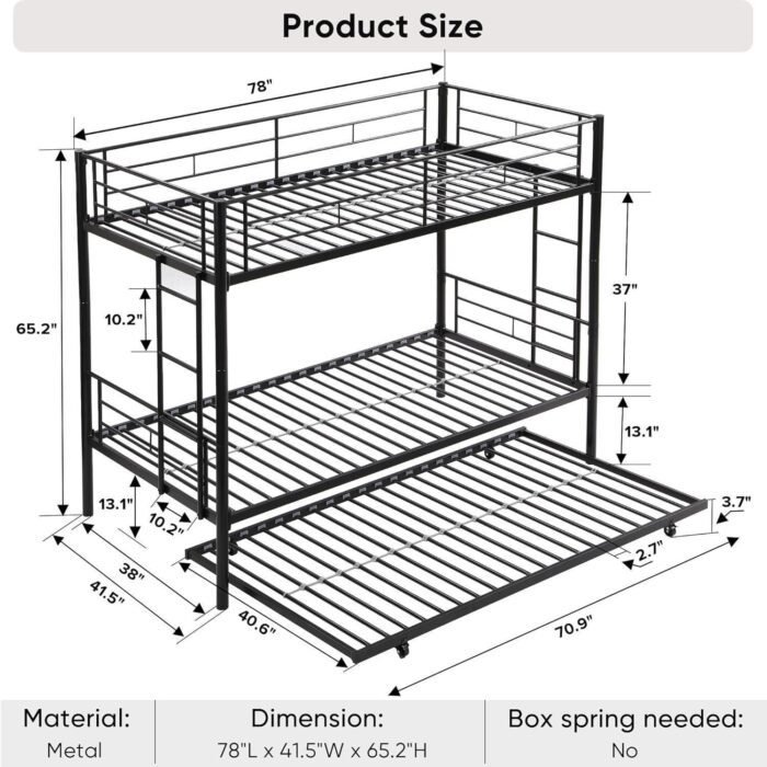 Twin Over Twin Bunk Bed with Trundle, Two Side Ladders & Guard Rails, No Box Spring Needed