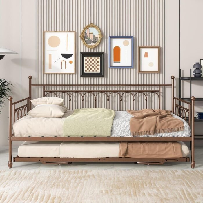 Metal Day Bed with Trundle Bed Twin Daybed with Trundle Twin Size, Space Saving Daybed with Pop Up Trundle Bed Frame